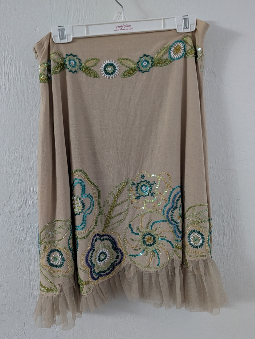 Beige Embroidered Floral Midi Skirt with Tulle Hem